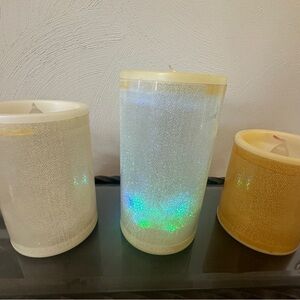 White and Gold Cylindrical Candle Holders with LED Glow